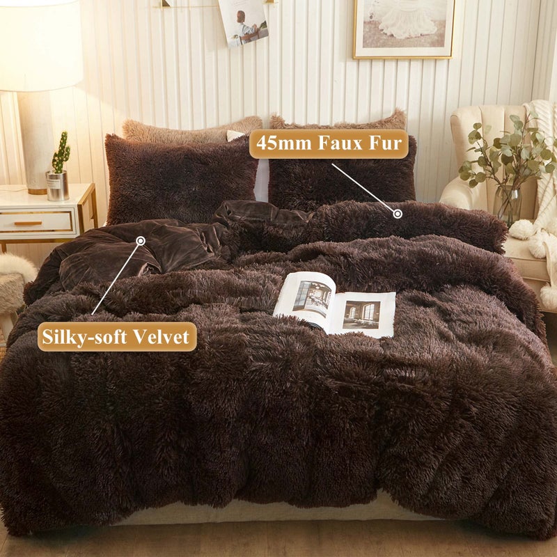 XeGe Plush Shaggy Brown Duvet Cover, Luxury Ultra Soft Velvet Fuzzy Bedding 1PC(1 Faux Fur Duvet Cover), Fluffy Furry Comforter Cover for Bedroom Home Decoration, Zipper Closure(Queen, Coffee) - Image 2